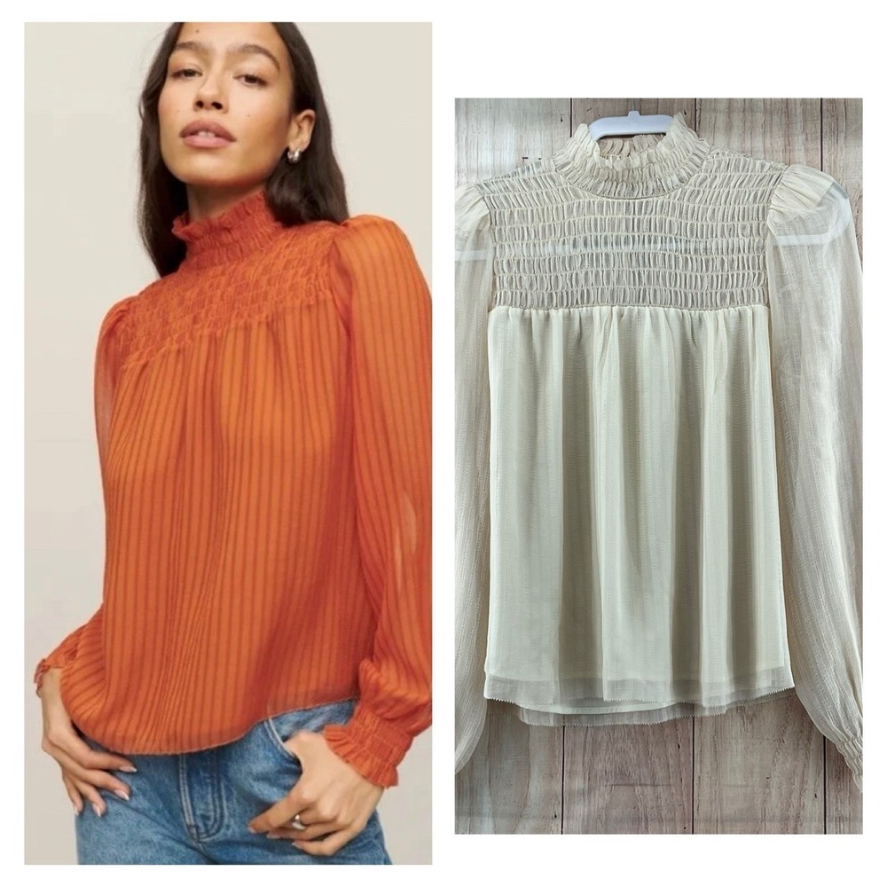 Reformation Women's Everly‎ Blouse Top Mock Neck Long Sleeve Size S Cream Retro